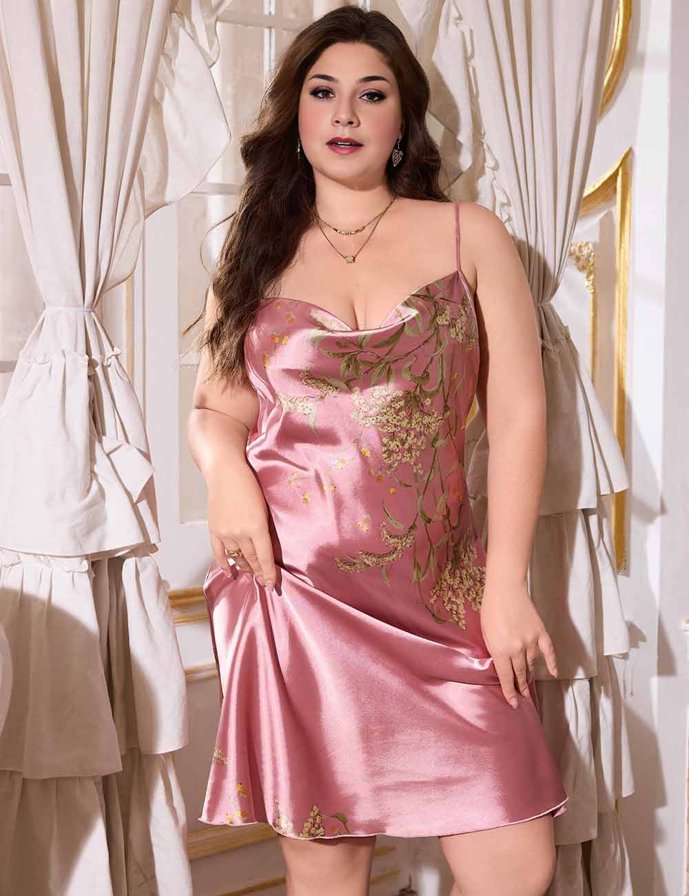 Women Plus Size Pink Satin Printed Cami Nightgown