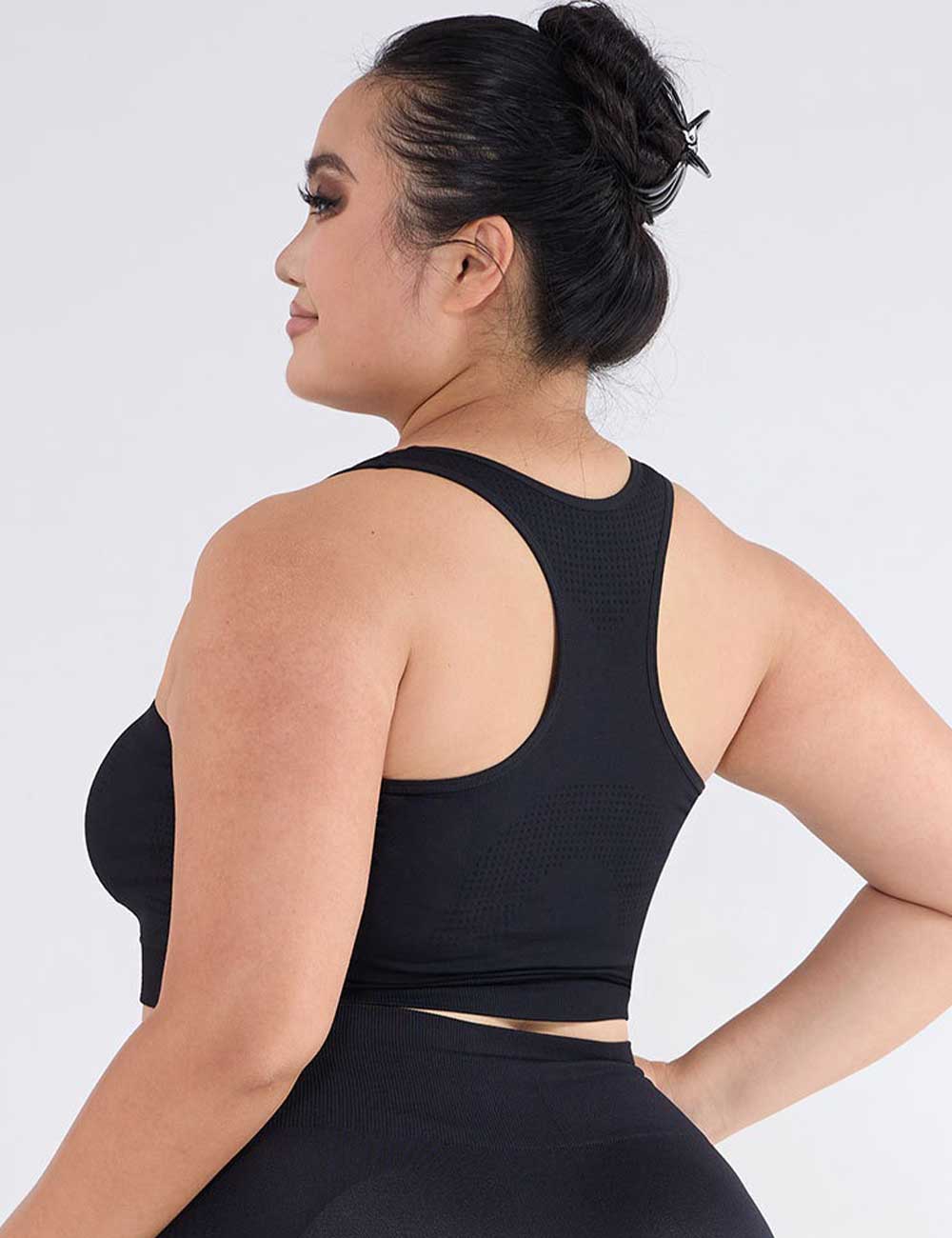 Black Plus Size Seamless Racerback Yoga Sports Bra Back View