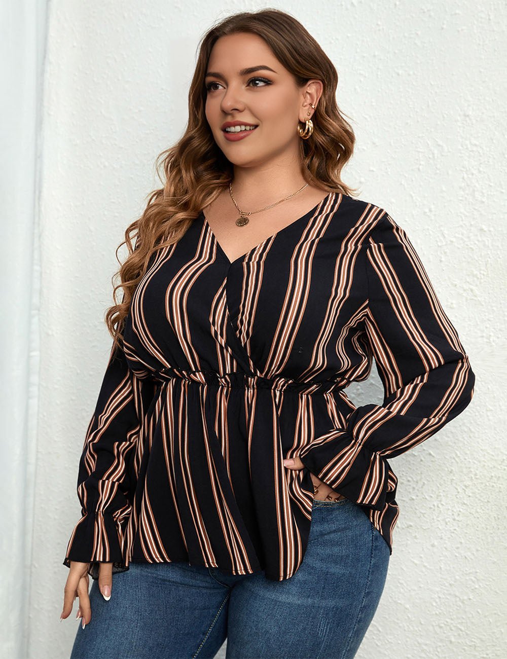 Women Plus Size Shirt Striped Long Sleeve Waist Blouse | PRUSES - PRUSES