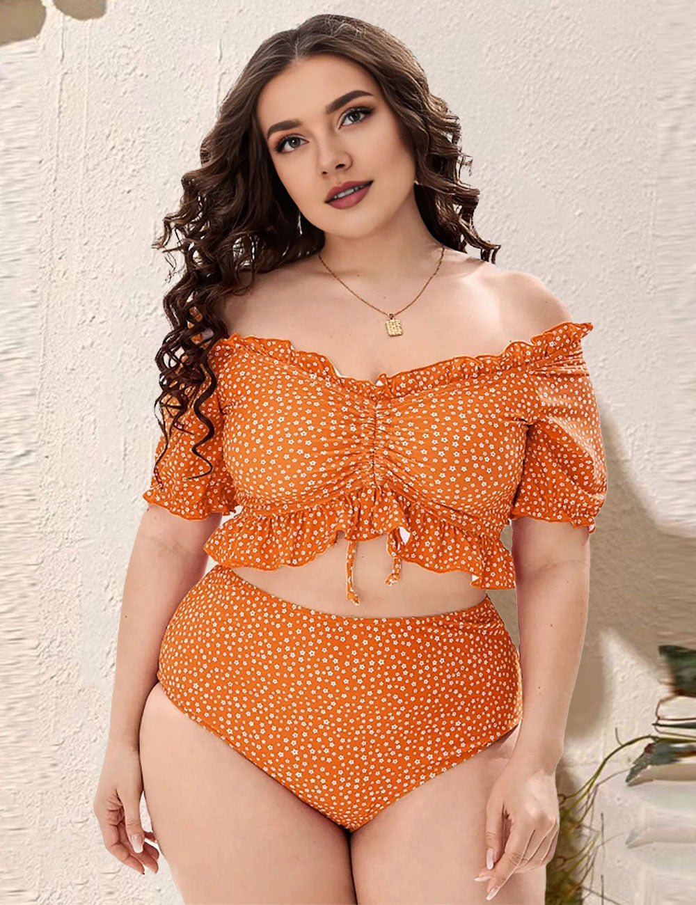 Women Plus Size Short Sleeve off Shoulder Bikini Set - PRUSES