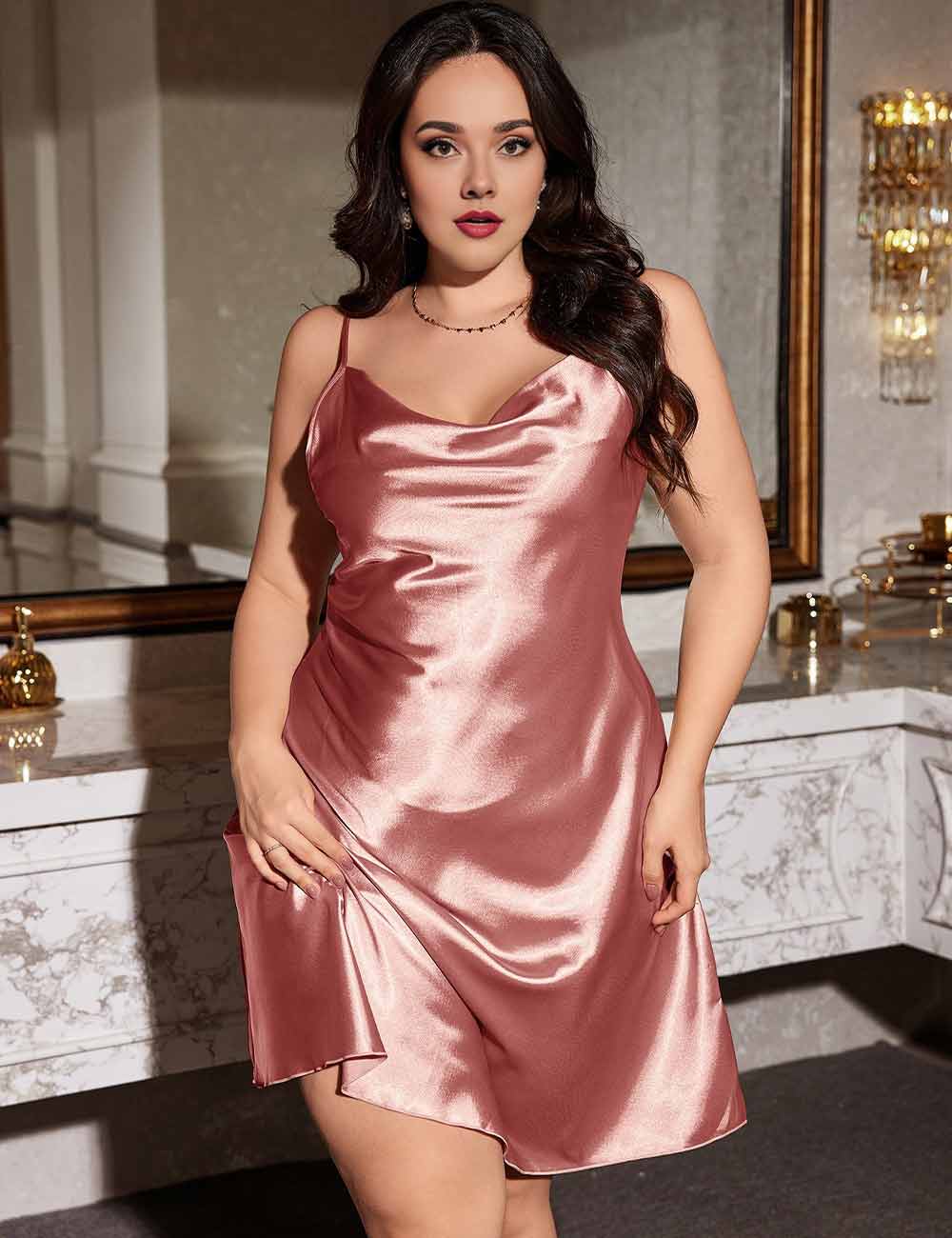 Women Plus Size Pink Silky Satin Nightgown
