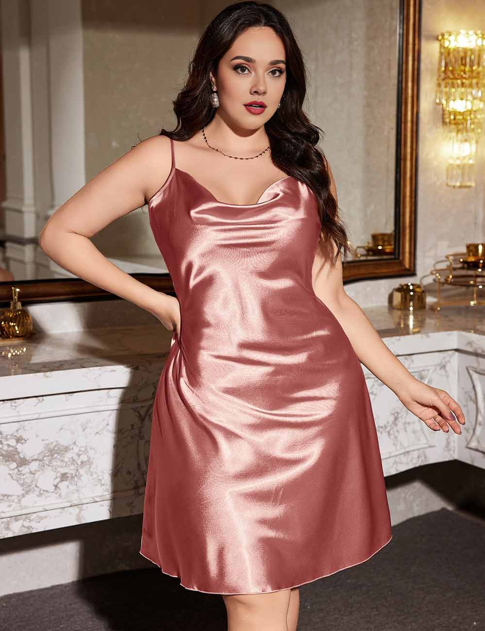 Pink Silky Satin Nighty For Women Plus Size