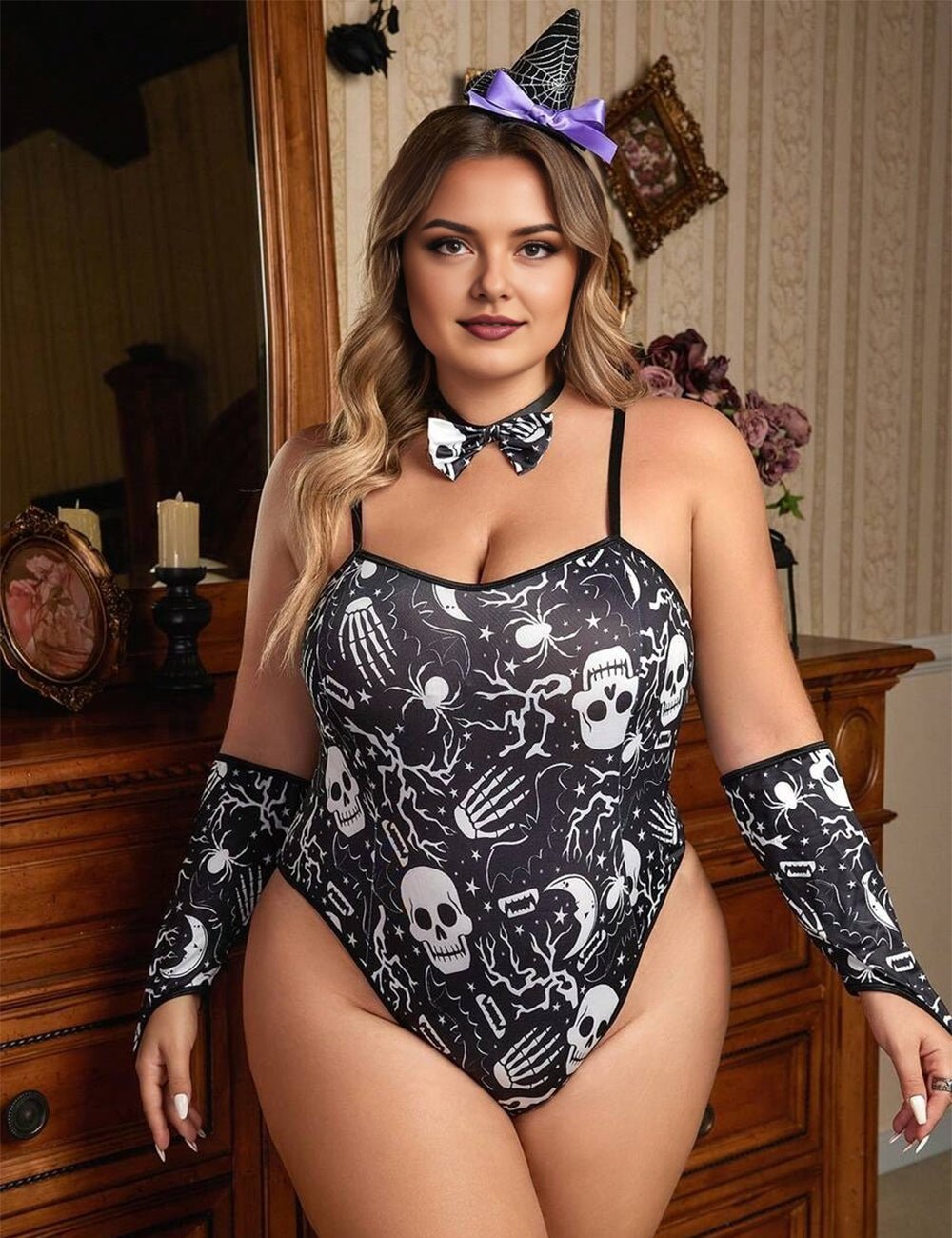 Women Plus Size Skull Print Halloween Teddy - PRUSES