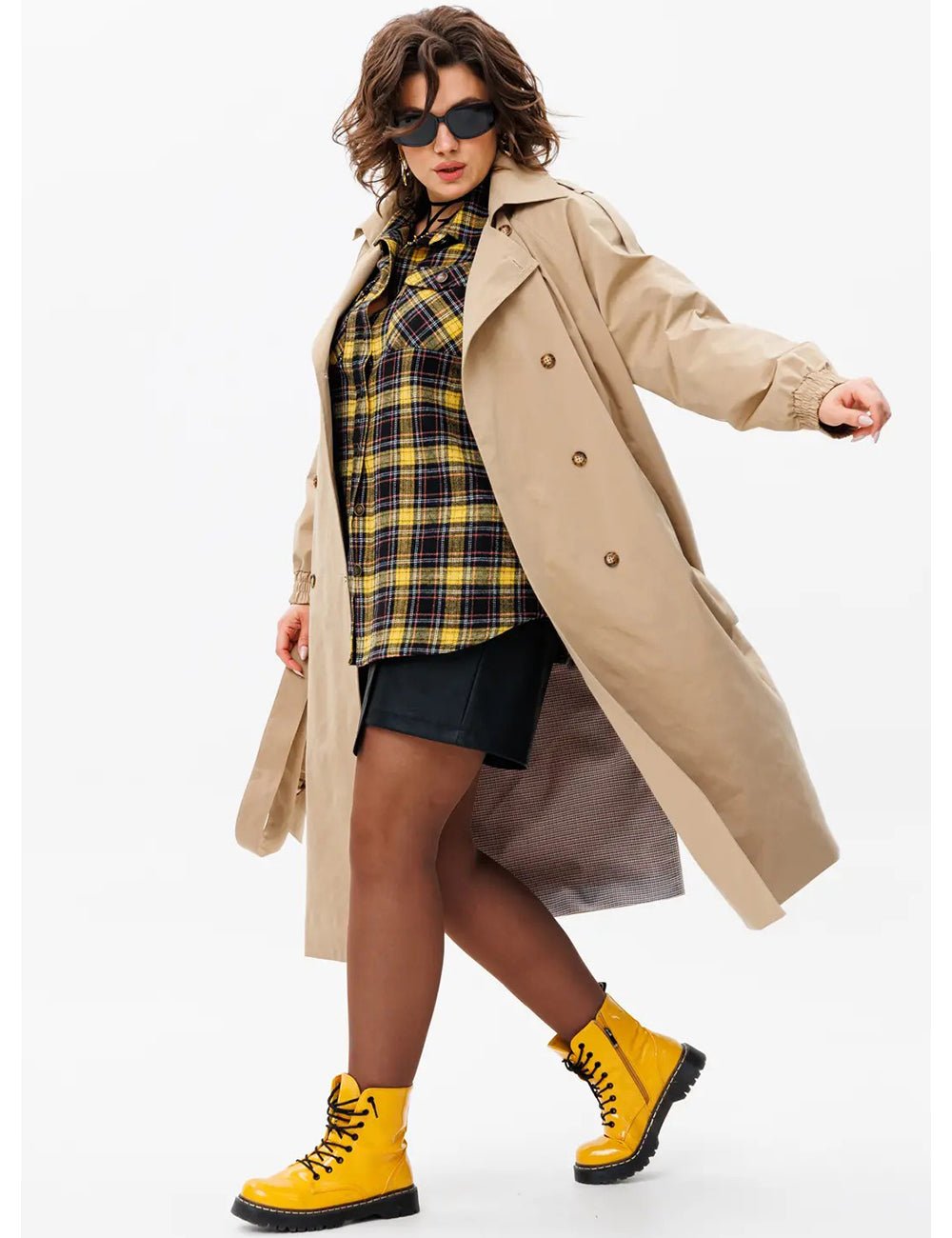 Women Plus Size Solid Color Calf - Length Trench Coat - PRUSES