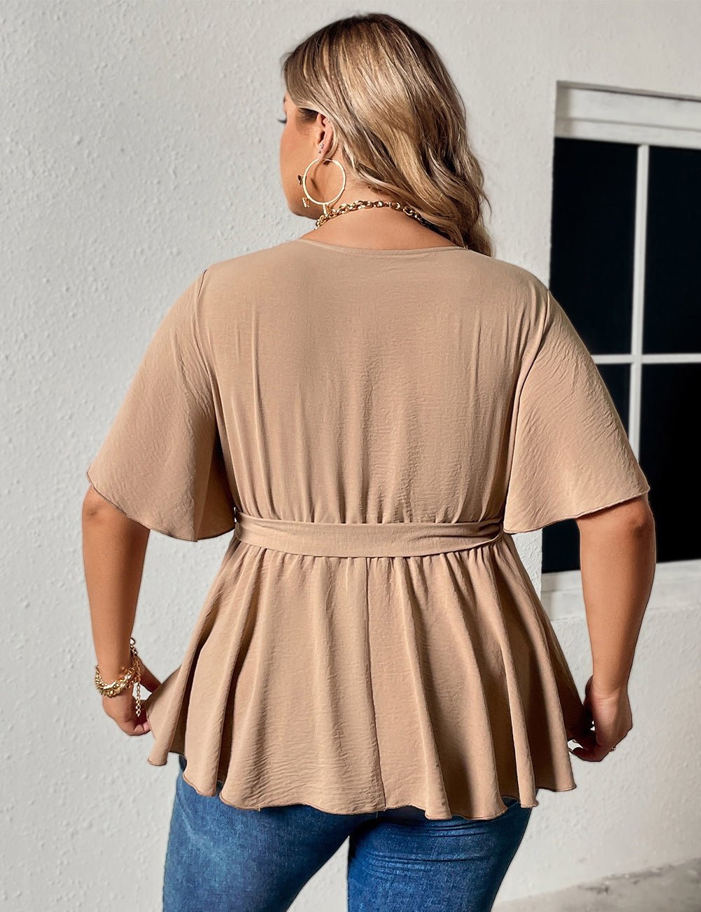Women Plus Size Solid Color V Neck Short Sleeve Tops - PRUSES