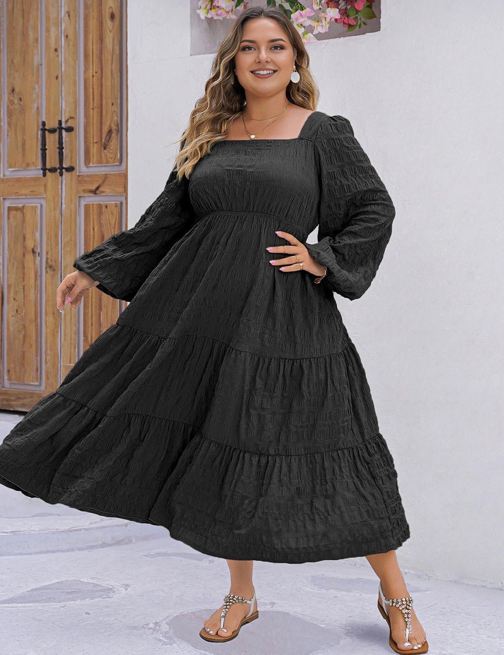 Women Plus Size Solid Textured Square Neck Maxi Dress - PRUSES