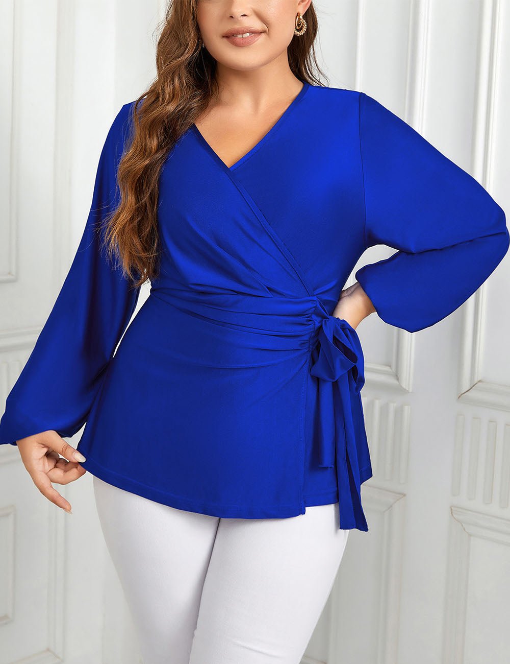 Women Plus Size Solid Top Casual Surplice Neck | PRUSES - PRUSES
