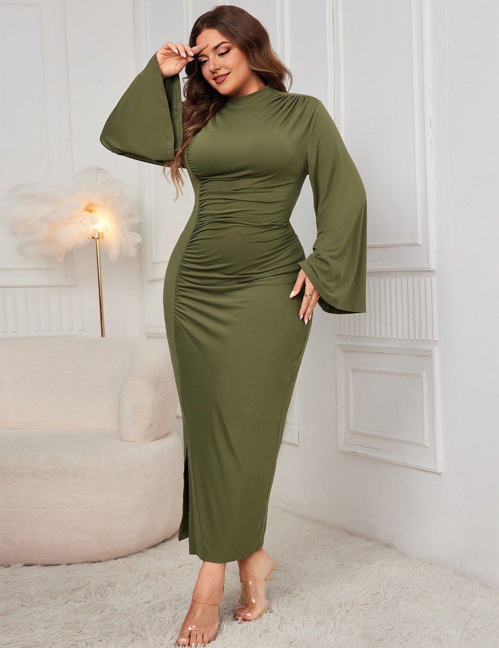 Women Plus Size Stand Collar Wide Sleeve Pleated Maxi Dress - PRUSES