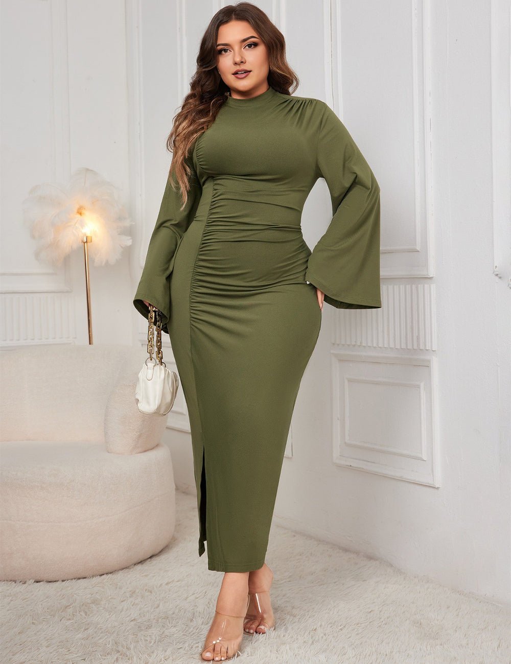 Women Plus Size Stand Collar Wide Sleeve Pleated Maxi Dress - PRUSES