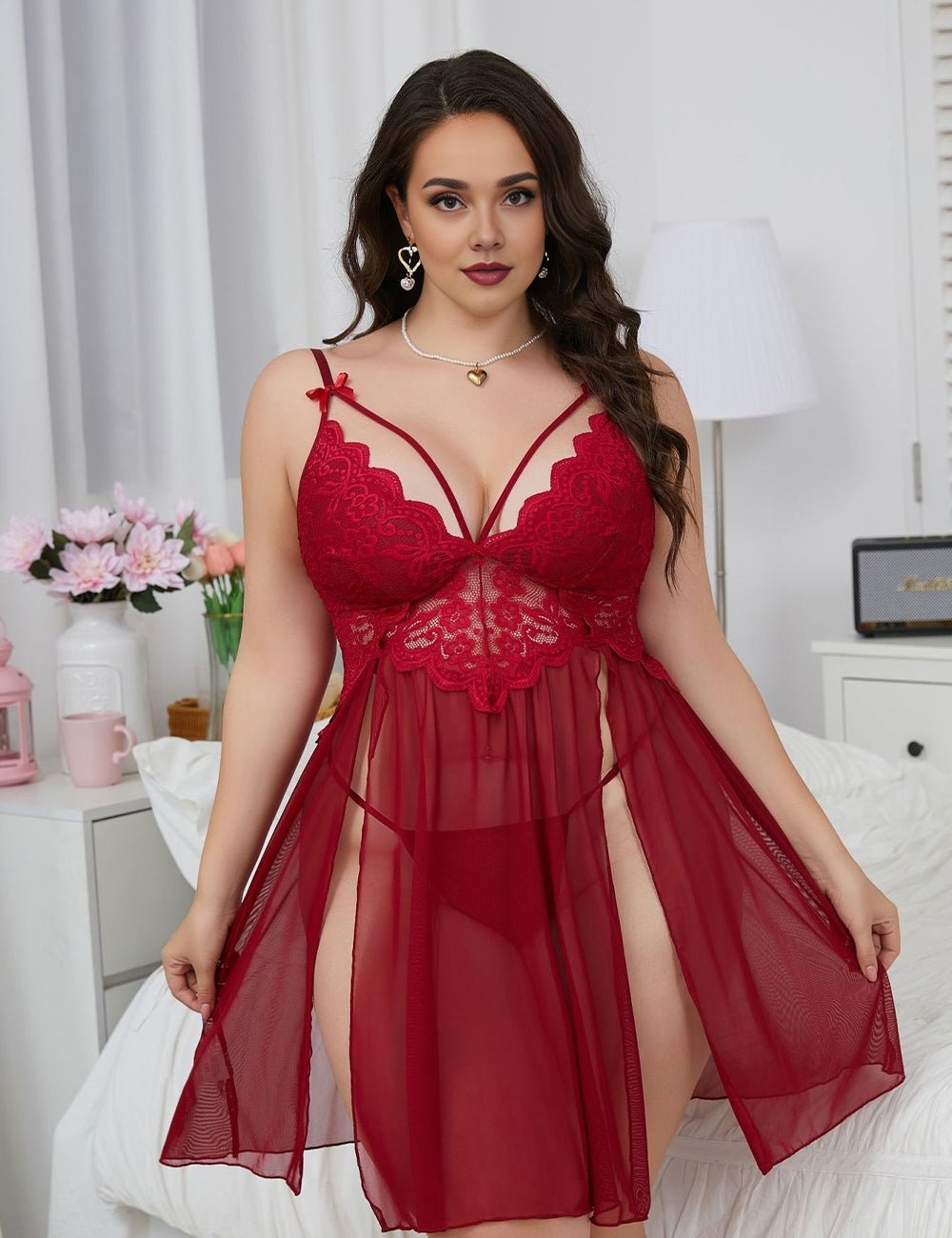 Women Plus Size Strap Slit See - Through Lace Mesh Sexy Dress | PRUSES - PRUSES