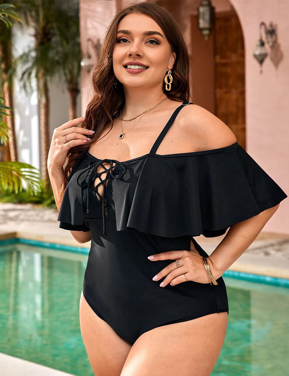 Women Plus Size Strapped Layered Ruffle One - Piece Swimsuit - PRUSES