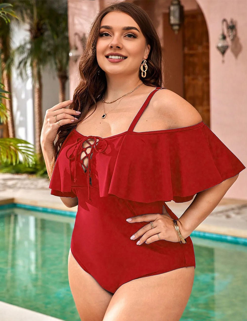 Women Plus Size Strapped Layered Ruffle One - Piece Swimsuit - PRUSES