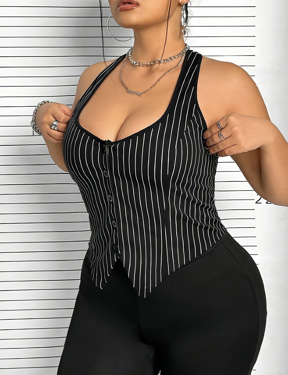 Women Plus Size Striped Hang Neck Tank Top | PRUSES - PRUSES