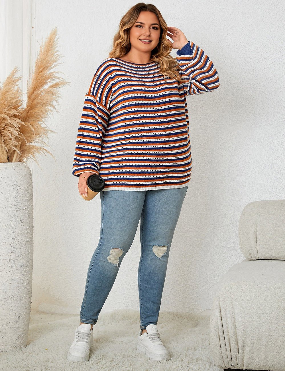 Women Plus Size Striped Round Neck Casual Knit Sweater - PRUSES