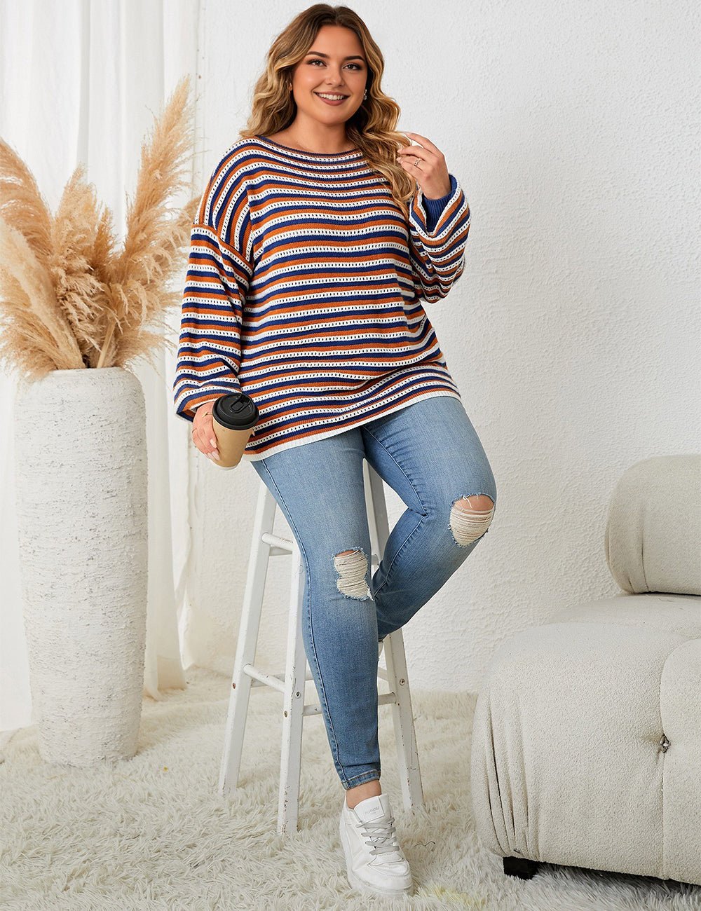 Women Plus Size Striped Round Neck Casual Knit Sweater - PRUSES