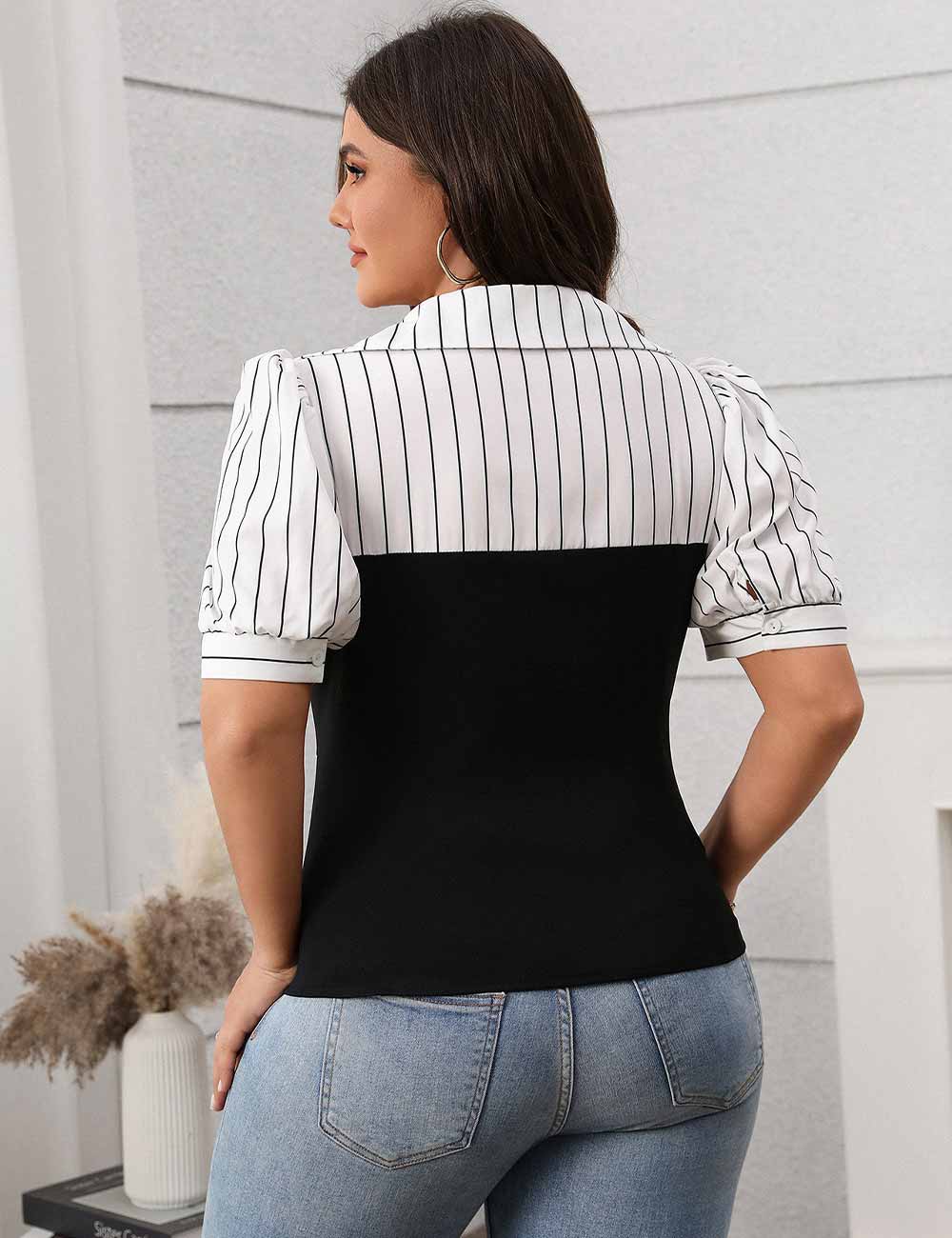 Black Plus Size Striped Collar Colorblock Blouse