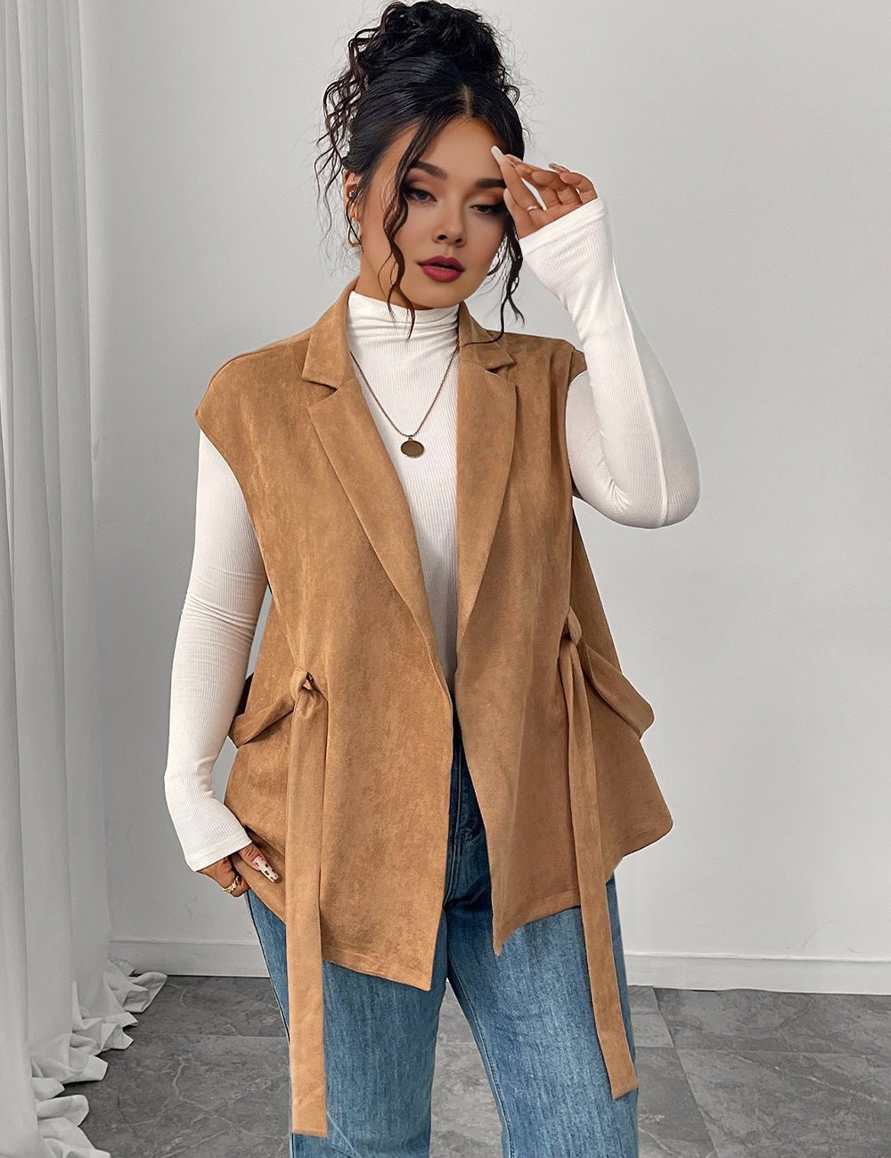 Women Plus Size Suede Brown Belted Lapel Vest Coat - PRUSES