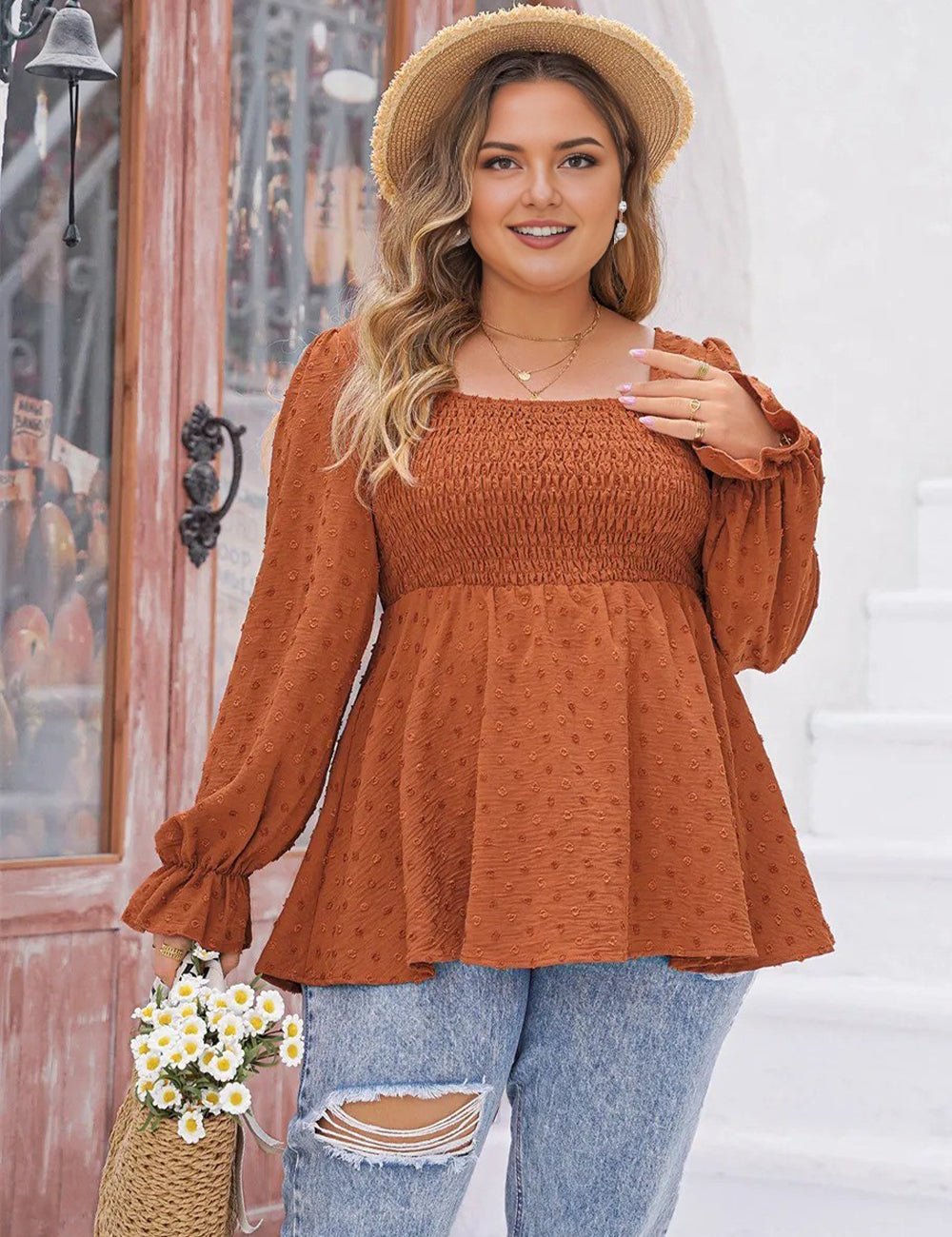 Women Plus Size Swiss Dot Long Sleeve Peplum Top - PRUSES