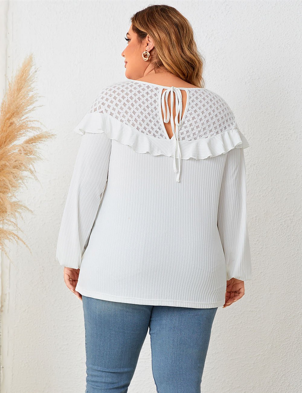 Women Plus Size Tie Back Ruffles Long Sleeve Knitted Blouse | PRUSES - PRUSES