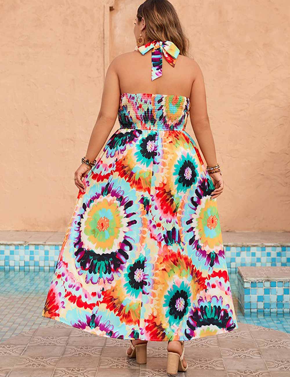 Plus Size Tie-Dye Halter Neck Backless Vacation Maxi Dress