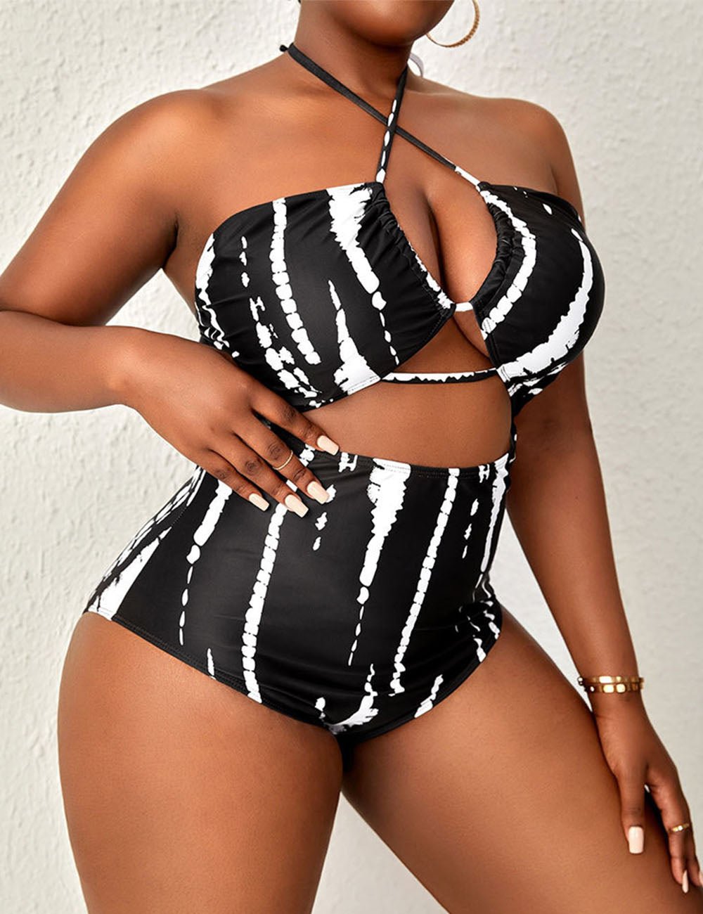 Women Plus Size Tie Dye Halter One Piece Swimsuit With Beach Skirt - PRUSES