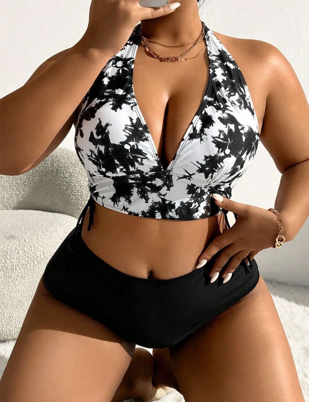 Women Plus Size Tie - Dye Halter Top And Solid Color Bottom Bikini Set - PRUSES