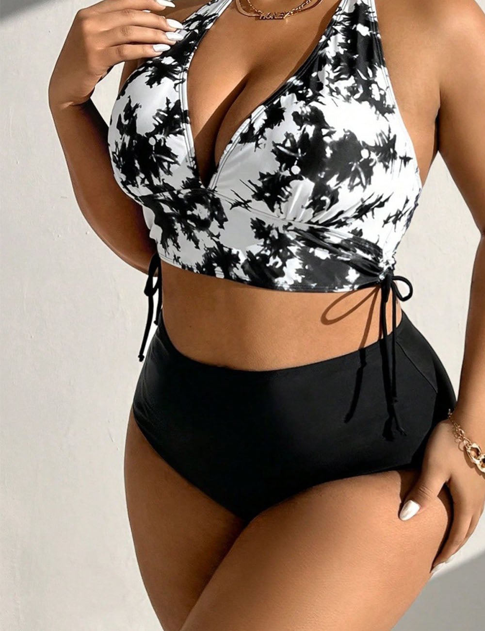 Women Plus Size Tie - Dye Halter Top And Solid Color Bottom Bikini Set - PRUSES