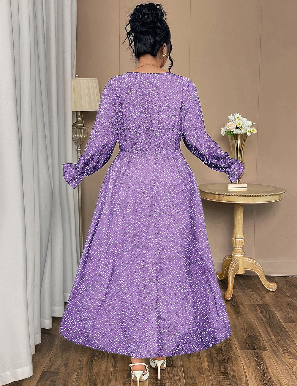 Women Plus Size Tie - Neck Polka Dot Printed Maxi Dress - PRUSES