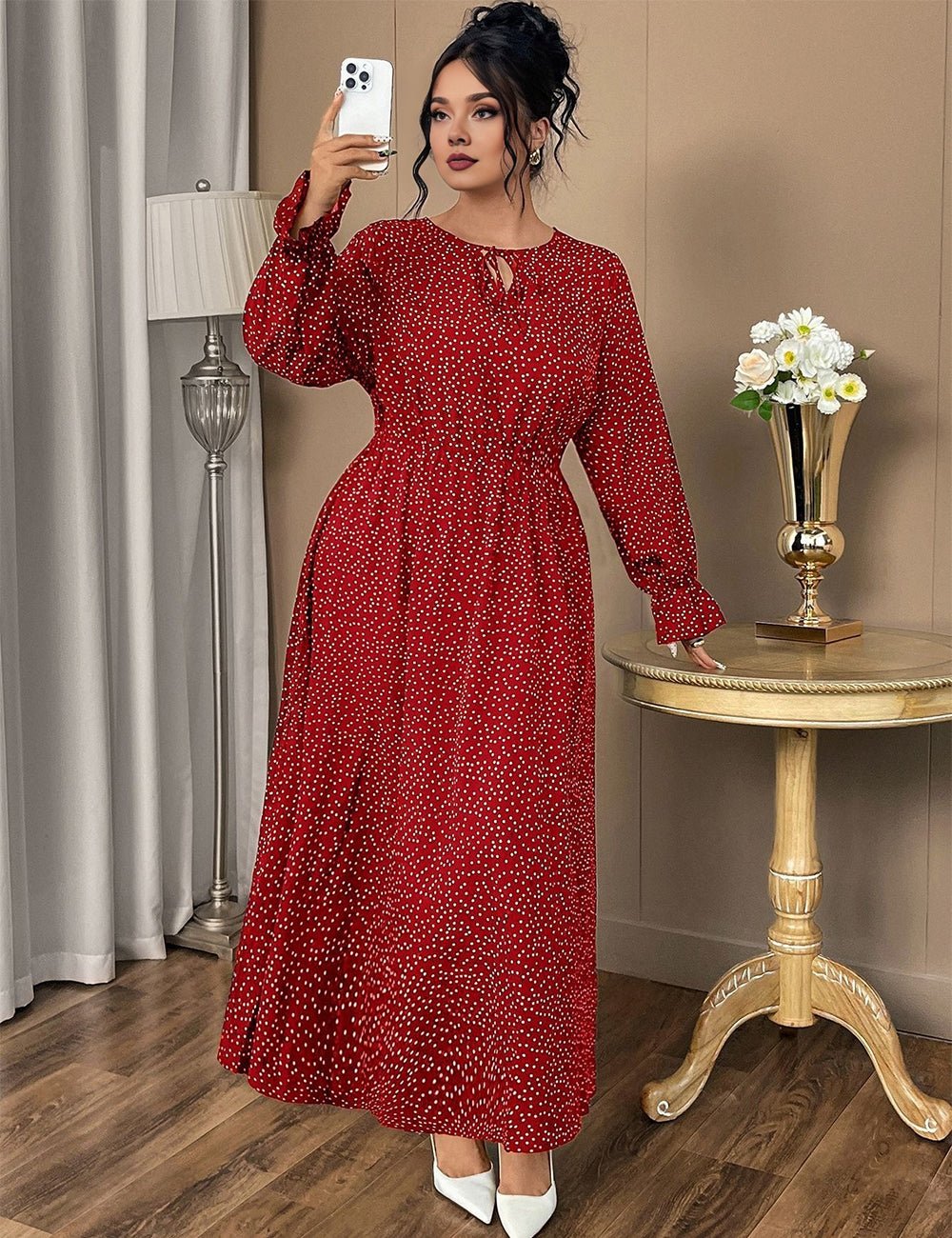 Women Plus Size Tie - Neck Polka Dot Printed Maxi Dress - PRUSES