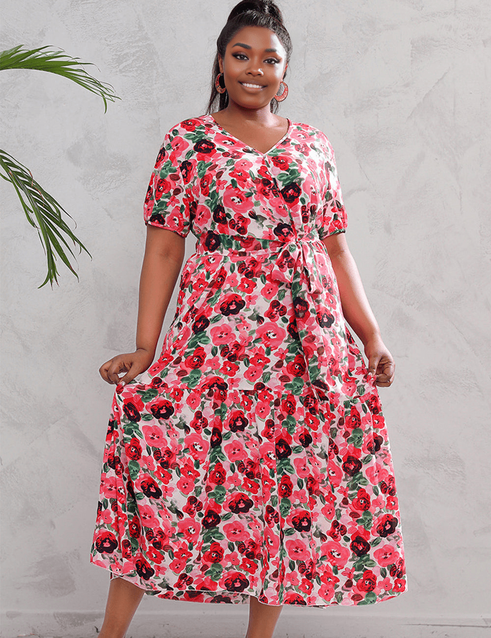 Women Plus Size V - Neck Floral Loose Dress - PRUSES
