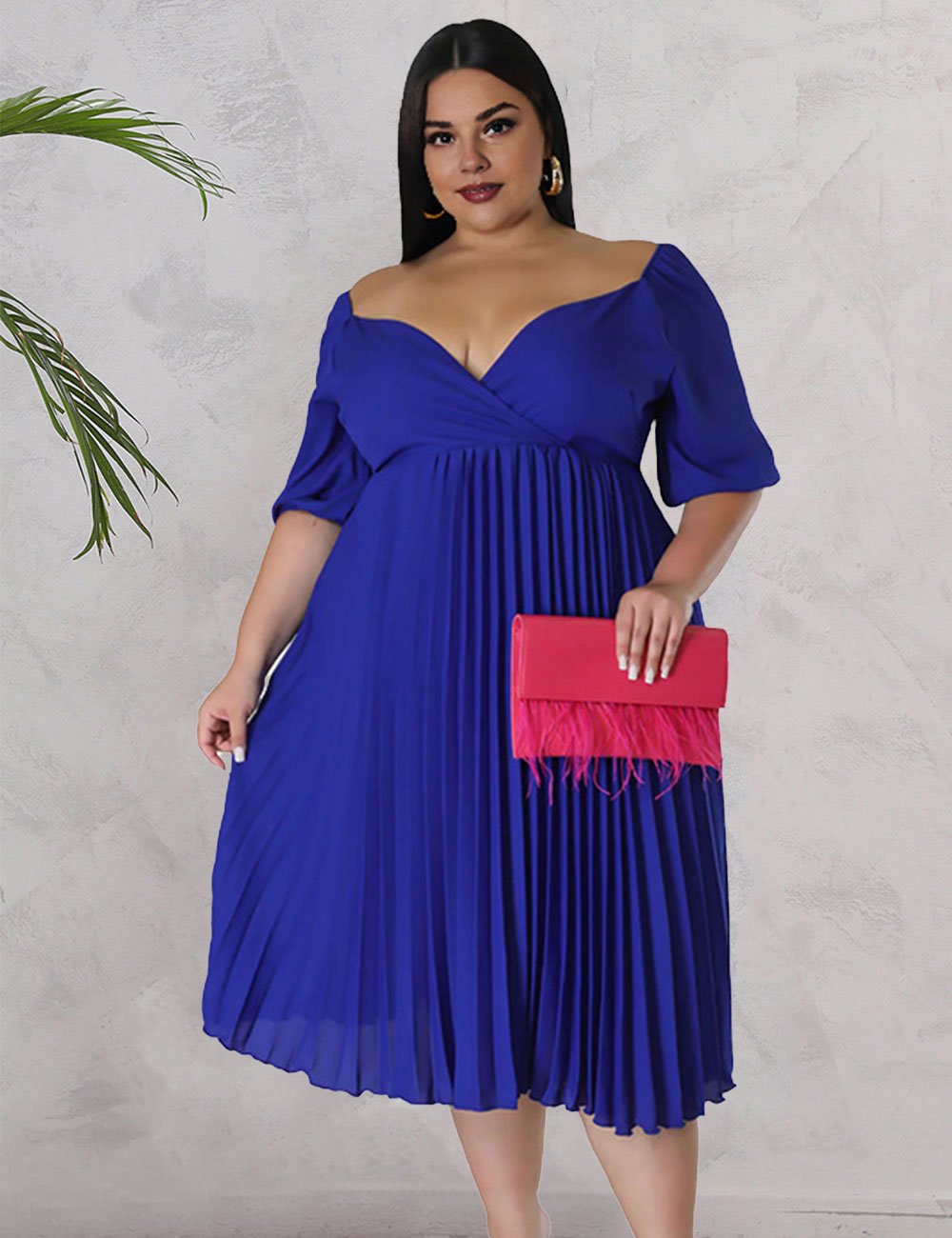 Women Plus Size V Neck Hem Pleated Short Sleeves Dress - PRUSES