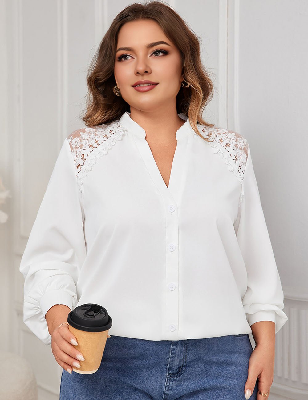 Women Plus Size V neck Lace Stitching Printing Shirt | PRUSES - PRUSES
