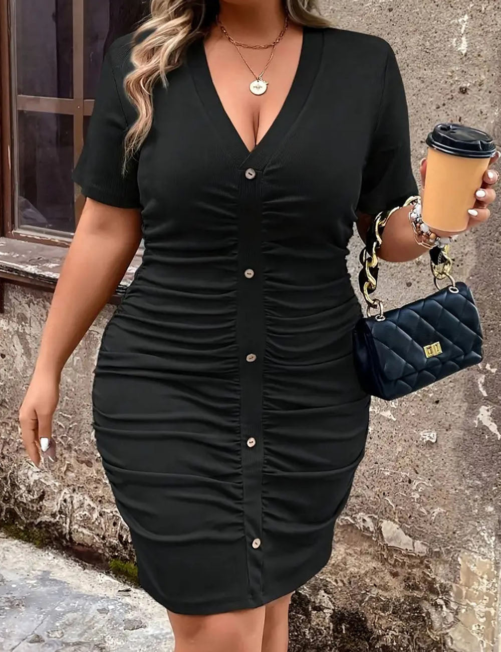 Women Plus Size V - Neck Pleated Bodycon Dress - PRUSES