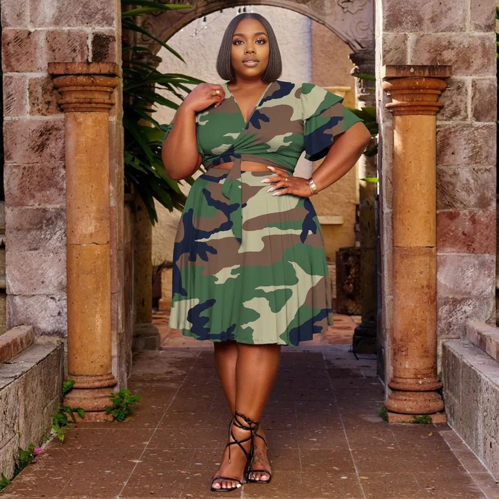 Women Plus Size V Neck Printed Ruffle Sleeve Pocket Dress - PRUSES