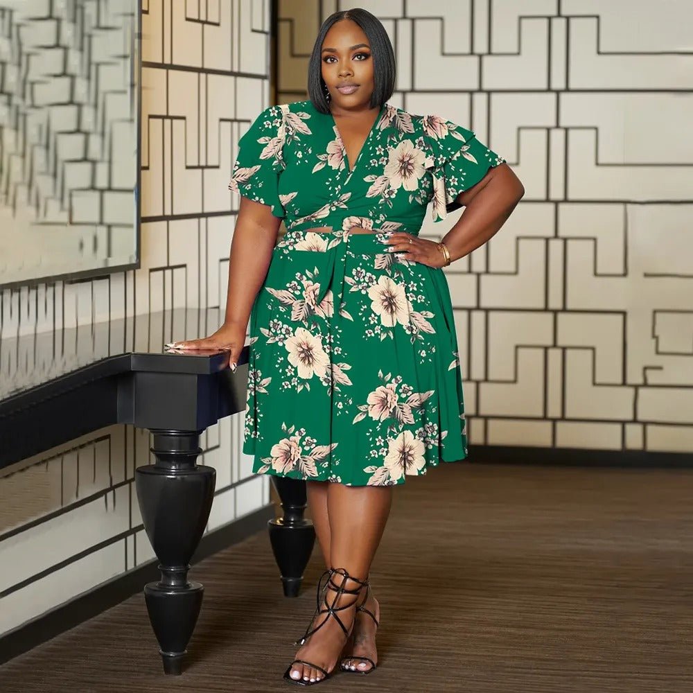 Women Plus Size V Neck Printed Ruffle Sleeve Pocket Dress - PRUSES