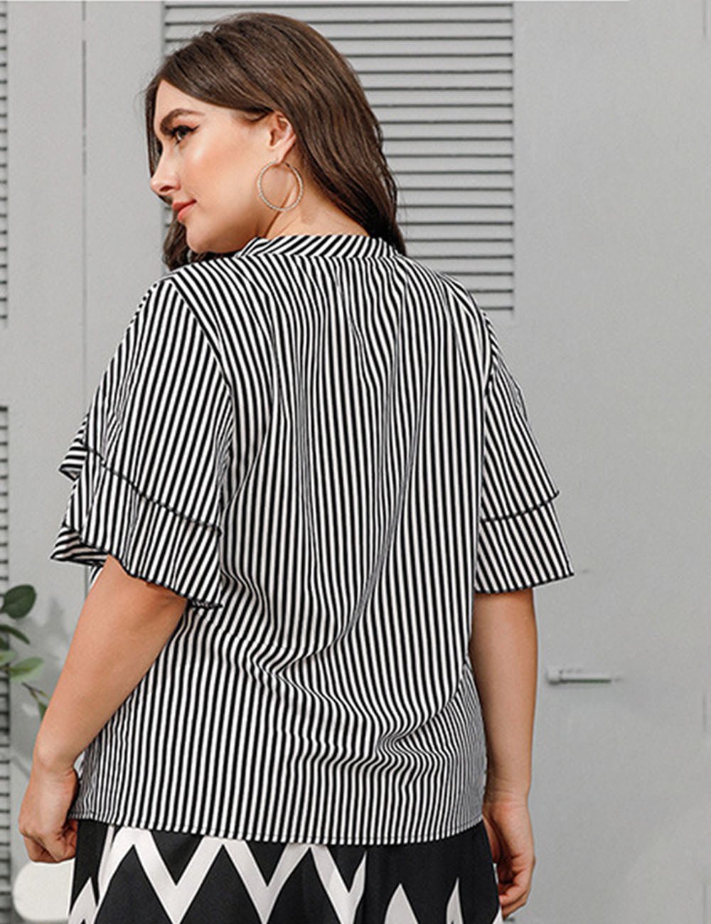 Women Plus Size V - Neck Ruffle Sleeves Striped Blouse | PRUSES - PRUSES