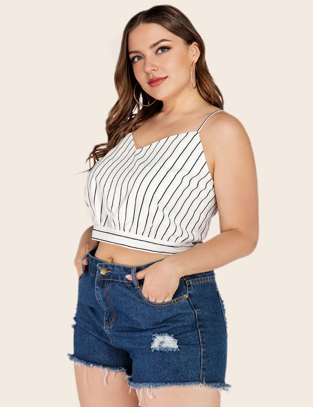 Women Plus Size V Neck Striped Cami Camisole | PRUSES - PRUSES