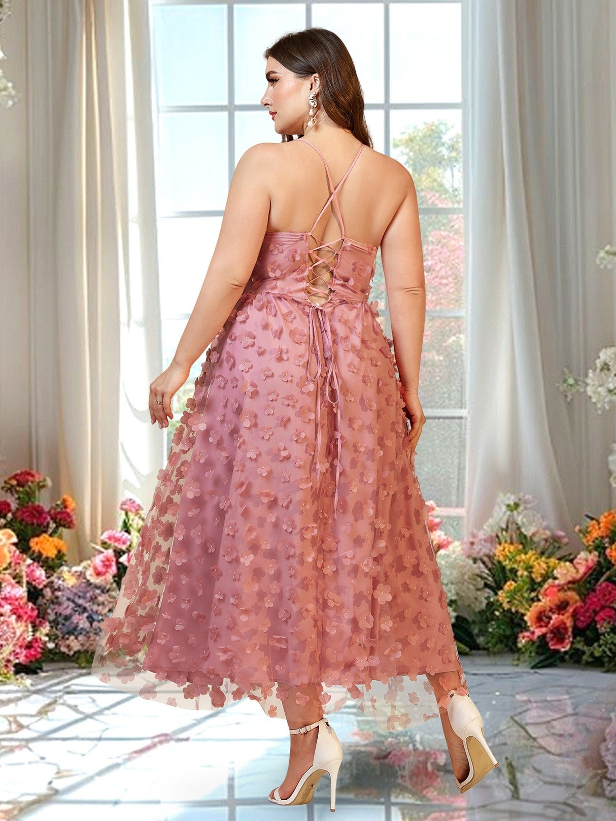 Women Plus Size Vacation Style Mesh Spaghetti Strap Maxi Dress - PRUSES