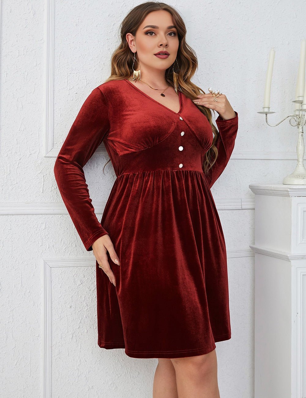 Women Plus Size Velvet Burgundy Buttoned Long Sleeve Midi Dress - PRUSES
