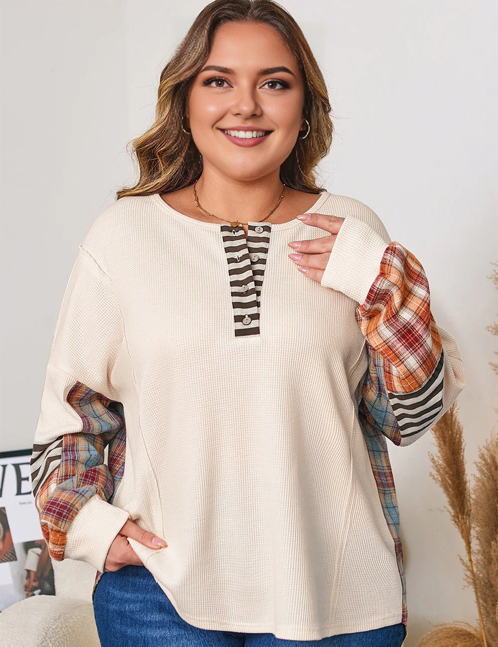 Women Plus Size Waffle Colorblock Striped Plaid Pullover - PRUSES