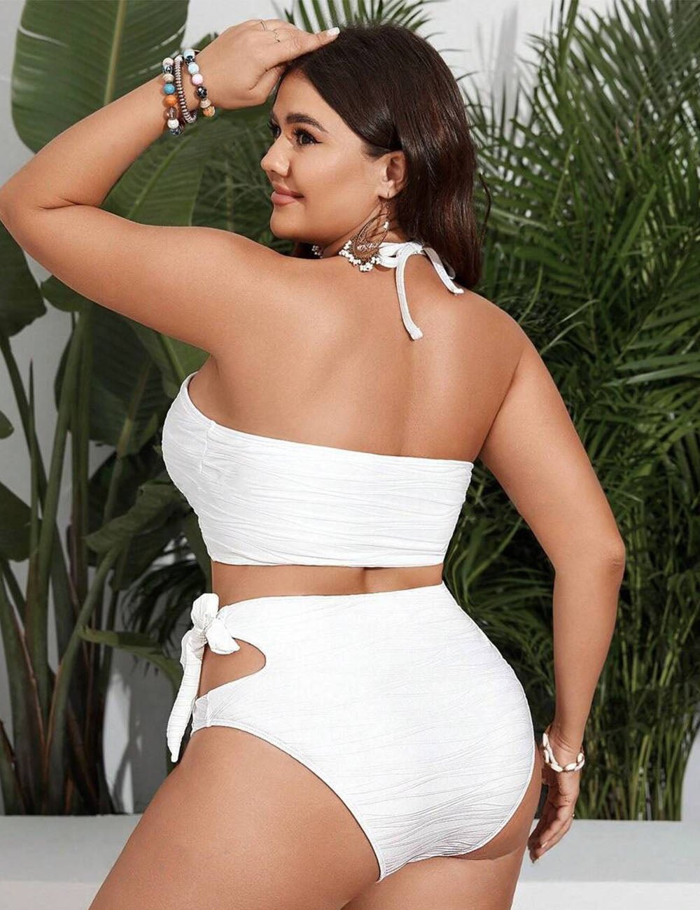 Women Plus Size White Drawstring Bikini Set - PRUSES