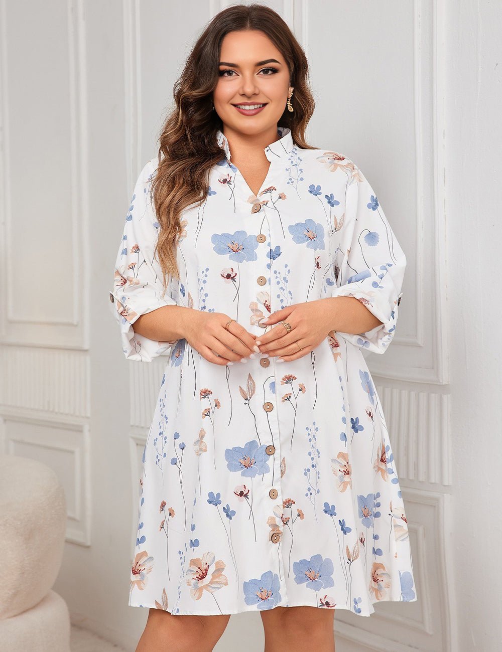Women Plus Size White Floral Button Down Shirt Dress - PRUSES
