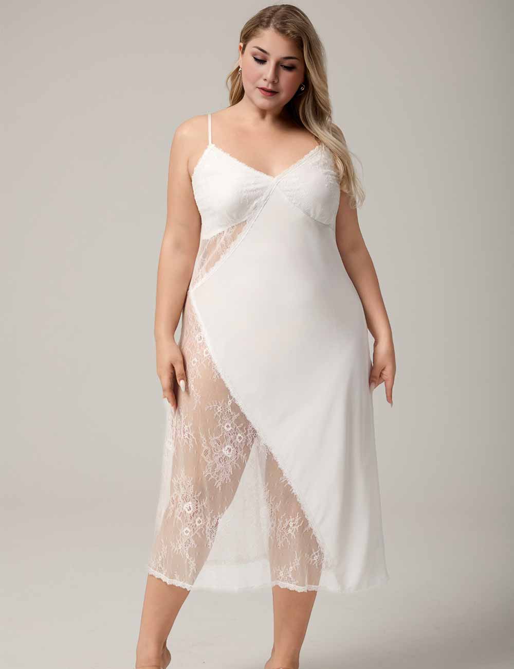 Women Plus Size White Satin and Lace Panel Slip Nightgown