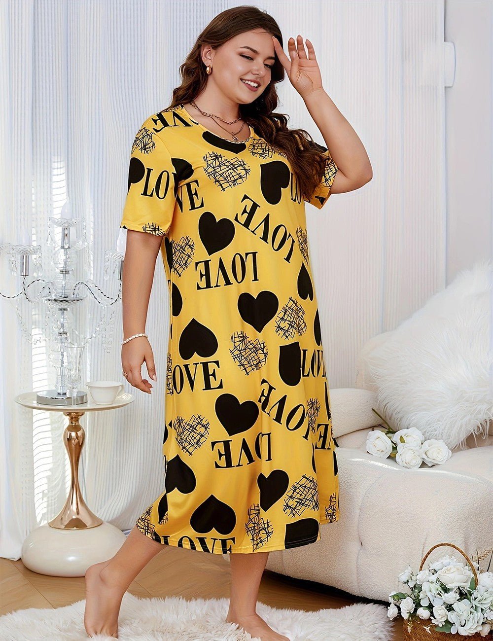 Women Plus Size Yellow Heart Printed Short Sleeve Long Nightgown