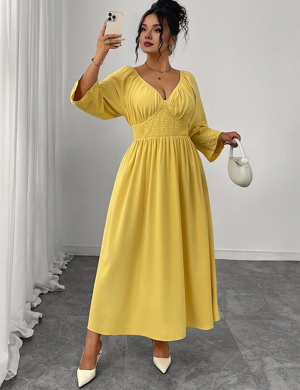 Women Plus Size Yellow Pleated A - Line Dress - PRUSES