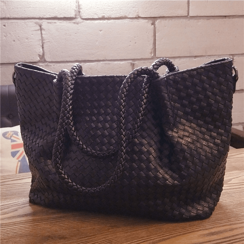 Women's Black Large Woven Vegan Leather Tote Bag Trendy Simply Handbag | PRUSES