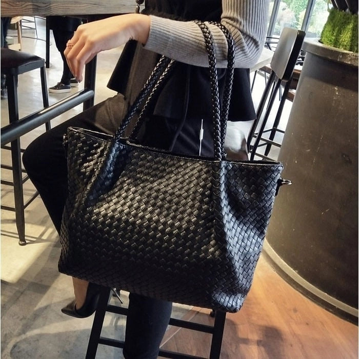Women's Black Large Woven Vegan Leather Tote Bag Trendy Simply Handbag | PRUSES