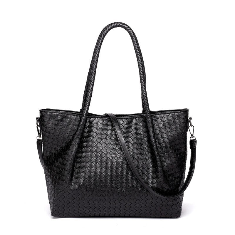 Women's Black Large Woven Vegan Leather Tote Bag Trendy Simply Handbag | PRUSES