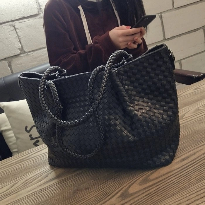 Women's Black Large Woven Vegan Leather Tote Bag Trendy Simply Handbag | PRUSES