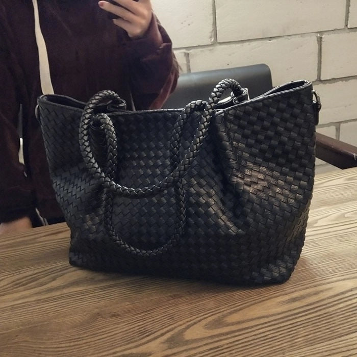Women's Black Large Woven Vegan Leather Tote Bag Trendy Simply Handbag | PRUSES